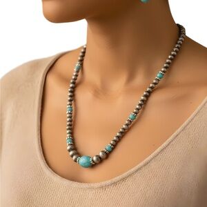 Turquoise and Silver Beaded Necklace and Earring Set